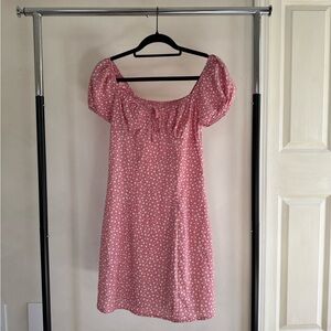 SHEIN Pink Puff-Sleeve Mini Dress with White Floral Print